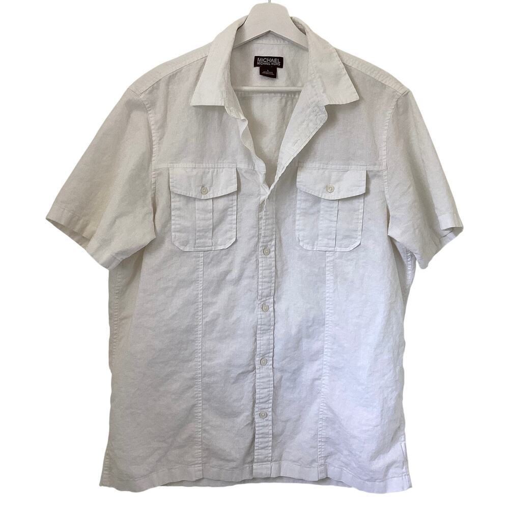 Michael‎ Kors short-sleeve button-down shirt linen blend men’s L white